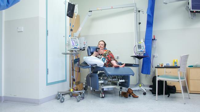 Amanda Phillips at the Oncology Day Centre, Royal Adelaide Hospital, in 2016. Picture: Alexander Waite Mitchell