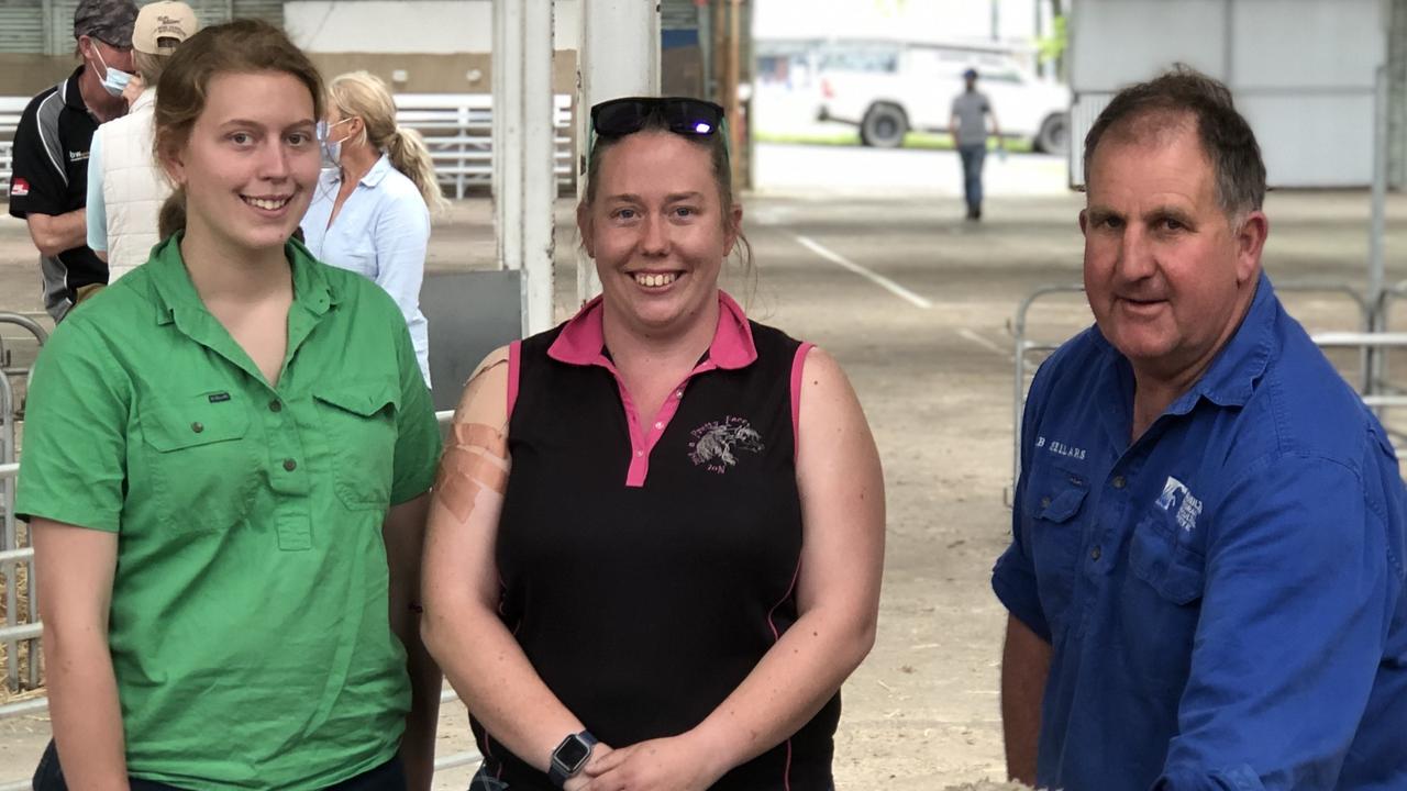 Top-priced buyer Tegan Ward from Tegrhon Corriedales at Pakenham with Tara Visser and stud owner Milton Savage. Picture: Petra Oates