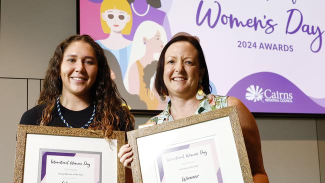 Indianna Tillett was awarded the Young Woman of the Year and Skytek CEO Alana McKenna was awarded Cairns Woman of the Year at the Cairns Regional Council's International Women's Day awards, held at the Cairns Convention Centre. Picture: Brendan Radke