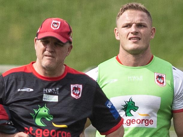 23rd March 2022. Daily Telegraph. Sport.Wollongong, NSW.Pics by Julian Andrews.Pictures show George Burgess training today at WIN Stadium in Wollongong.Burgess is standing next to the clubs coach Anthony Griffin.St George Illawarra will name George Burgess in its NRL squad this week, despite Burgess being charged with "sexually touching another person without consent".