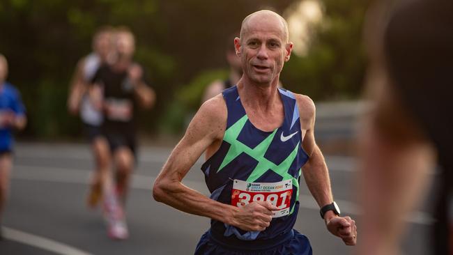 Running great Steve Moneghetti competing in the Great Ocean Road half marathon.