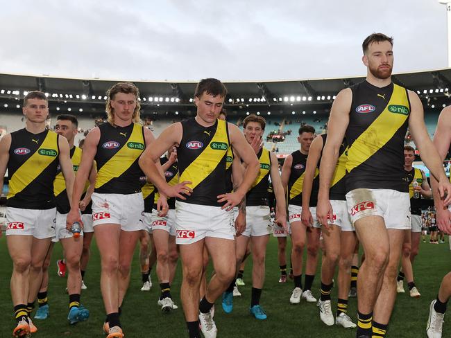 MELBOURNE, JULY 28, 2024: 2024 AFL Football - Round 20 - Collingwood Magpies V Richmond Tigers at the MCG. Richmond head off after the loss. Picture: Mark Stewart