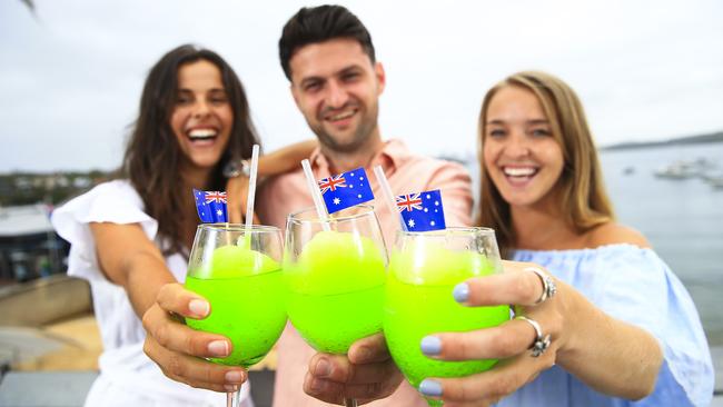 Honey Debelle, Tom Flanagan and Hattie Clarke with Australia Day themed cocktails at Watsons Bay Boutique Hotel. Picture: Dylan Robinson