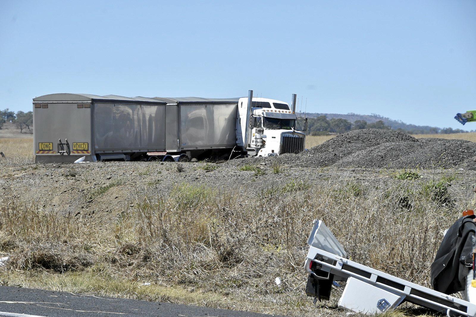 Fatal crash, involving a truck and two cars on Warrego Highway at the intersection Brimblecombe Road. September 2018. Picture: Bev Lacey