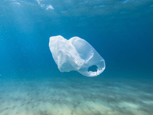 A plastic bag drifts in the clear blue ocean as a result of human pollution. Perfect for ocean conservation theme. (This bag was collected and taken out of the ocean)