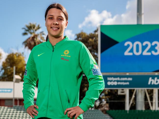 Matildas captain Sam Kerr poses for a photograph before a press conference at HBF Park in Perth, Friday, June 26, 2020. Australia and New Zealand will co-host the Women's World Cup in 2023. (AAP Image/Richard Wainwright) NO ARCHIVING
