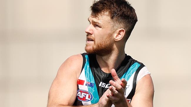 Robbie Gray of the Power celebrates one of his three goals at Jiangwan Stadium. Picture: Michael Willson/AFL Photos