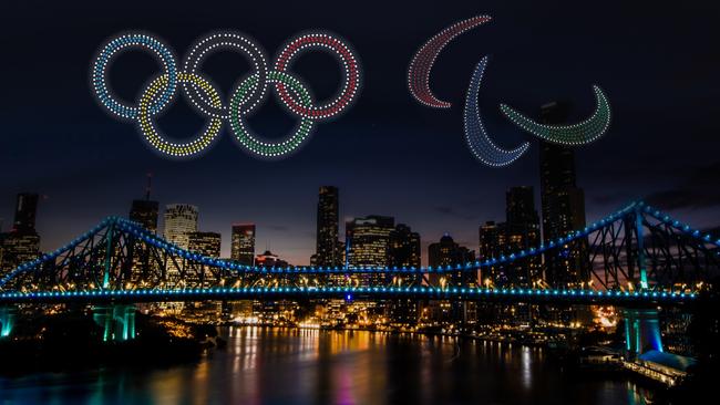 An artist’s impression of the Olympic Rings and Paralympic Agitos above the Brisbane Story Bridge