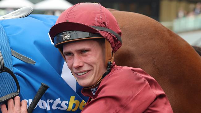 An emotional Lachlan Neindorf after winning first Group 1. Picture: Russell Millard