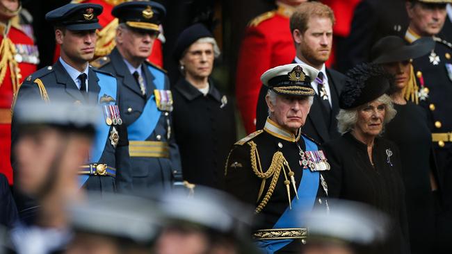 King Charles and Camilla, Queen Consort, with William, Harry and Meghan. Picture: Isabel Infantes / POOL / AFP