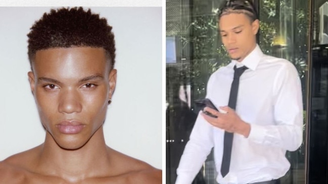 Left: Professional shot of model Reece McDonald from Boom Models. Right: Leaving court in December.