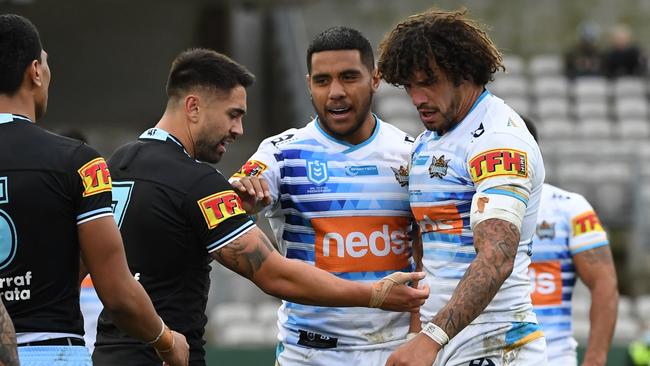 Shaun Johnson shows Kevin Proctor his arm after the incident last weekend. Picture: NRL Photos