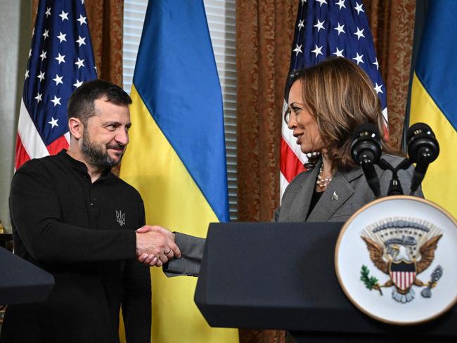 US Vice President and Democratic presidential candidate Kamala Harris and Ukraine's President Volodymyr Zelenskyy shake hands after speaking to the press before a private meeting in Washington, DC. Picture: AFP