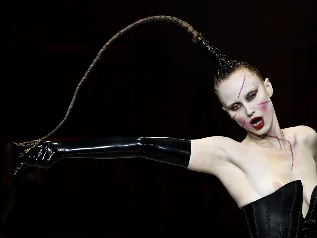 A model photographed on the runway during the Nicol Ford show at Australian Fashion Week, at Carriageworks in Sydney. The event showcased the latest in fashion, with the designers’ bold and daring collection drawing attention. Picture: Getty