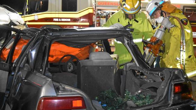 Auxiliary firefighters from Warwick and Killarney undertook road crash rescue practice at the Warwick Fire Station last week. Picture: Elyse Wurm