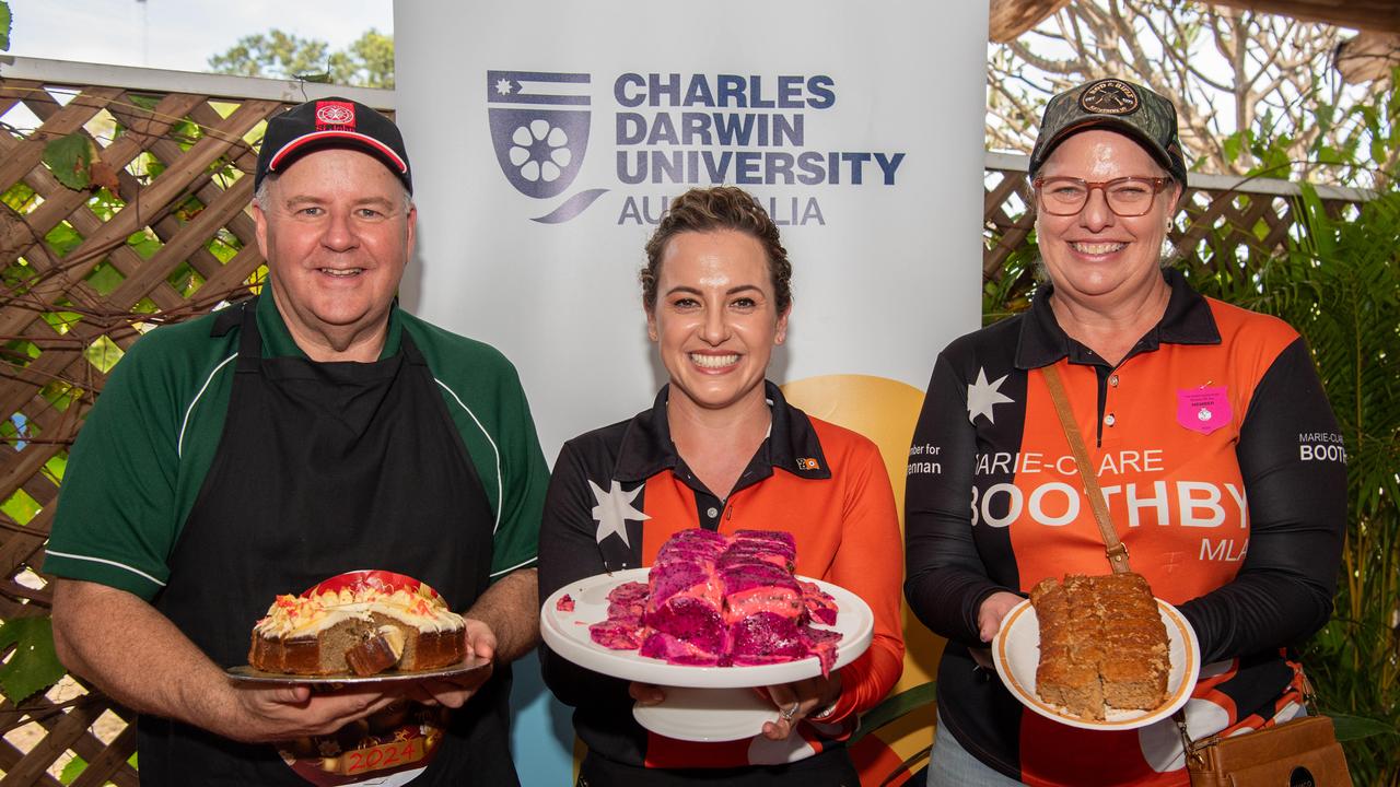 CEO ST John NT Andrew Tombs, Minister Lia Finocchiaro and Minister Marie-Clare Boothby during the 2024 Royal Darwin Show bake off. Picture: Pema Tamang Pakhrin