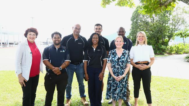 Aboriginal and Torres Strait Islander Partnerships Minister Fiona Simpson with Malu Ventures: Torres Strait mentor Quinn Ross-Passi, Wakaid director Frank Aragu, Ann-Maree Titasey, Kyasi Aragu, Isaac Ghee, Employment and Training Minister Ros Bates and Barron River MP Bree James at the announcement of $2.8m for First Nations-led training. Picture: Peter Carruthers