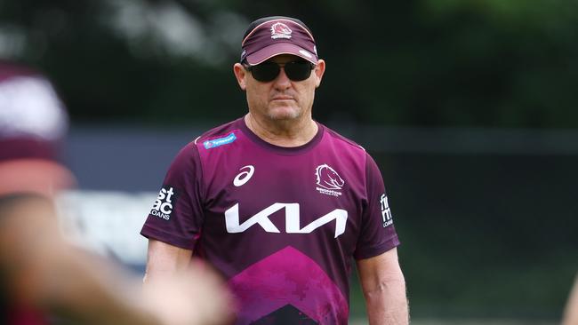 Coach Kevin Walters keeps an eye on things at Broncos training at Red Hill on Thursday. Picture Lachie Millard