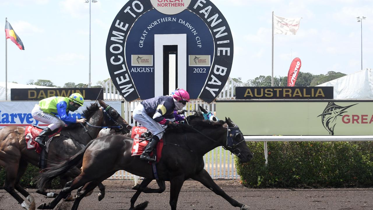 Winner Don't Say it comes across the line in race 2 at 2022 Darwin Cup. Picture: (A)manda Parkinson