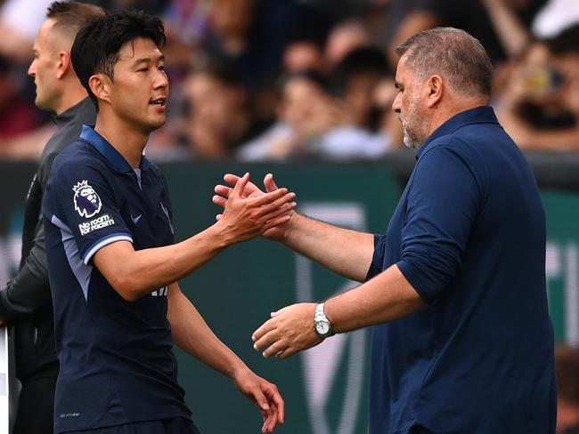 Ange Postecoglou celebrates with Son Heung-Min. Picture: Gareth Copley/Getty Images