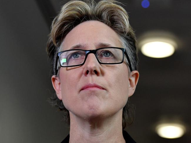 CANBERRA, AUSTRALIA - MARCH 18: Secretary of the ACTU Sally McManus during a doorstop in the media gallery at Parliament House on March 18, 2021 in Canberra, Australia. (Photo by Sam Mooy/Getty Images)