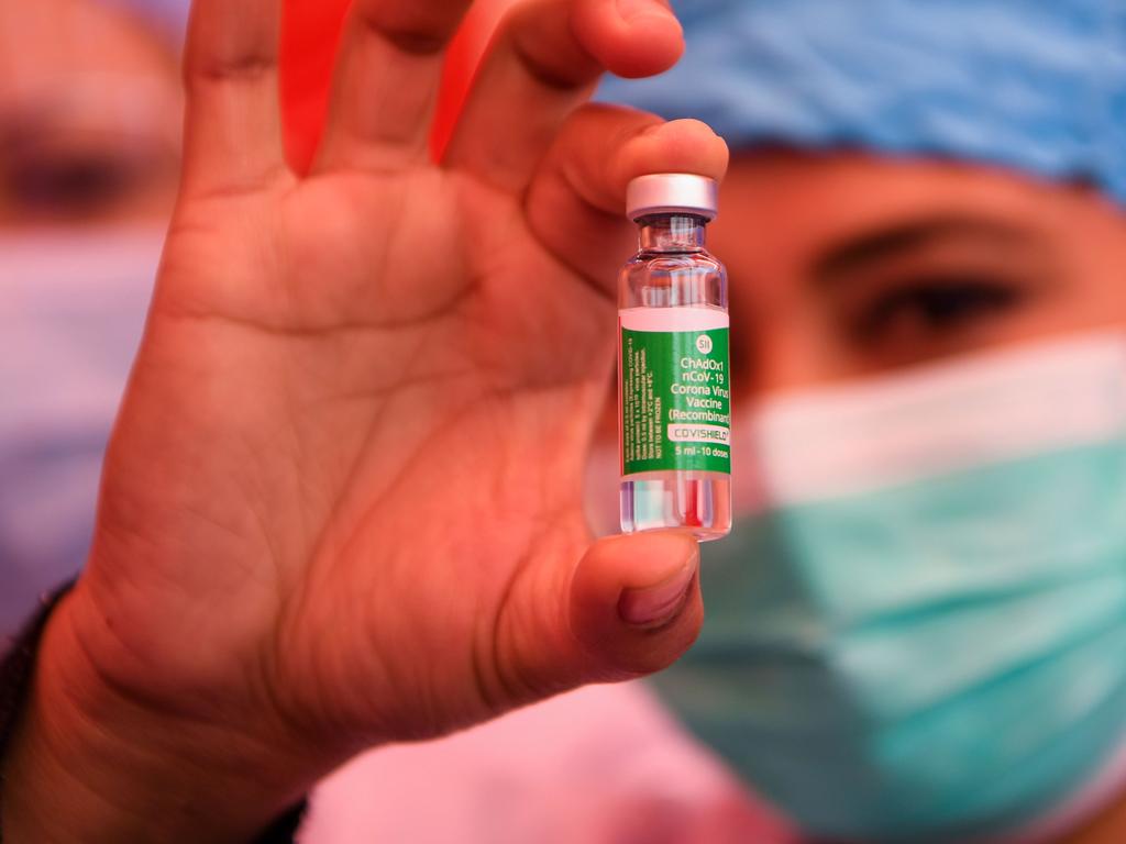 A health worker shows a vial of Covishield, AstraZeneca-Oxford's COVID-19 coronavirus vaccine, at Patan Hospital near Kathmandu on January 27. Picture: Prakash Mathema / AFP