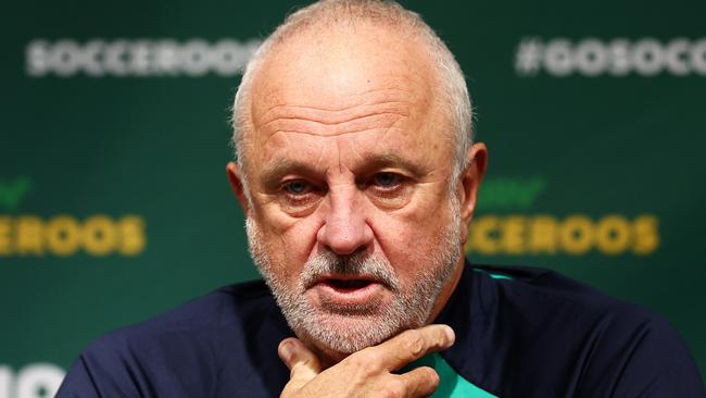 Graham Arnold, Head Coach of Australia, speaks to the media during the Australia Subway Socceroos media access at Hilton London Syon Park on October 16, 2023 in London, England. (Photo by Bryn Lennon/Getty Images)