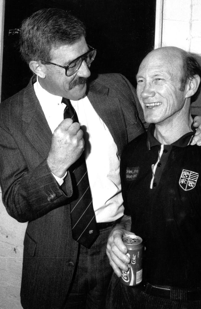 Then-Richmond president Neville Crowe and coach Kevin Bartlett are jubilant after the Tigers first win of the 1990 season.