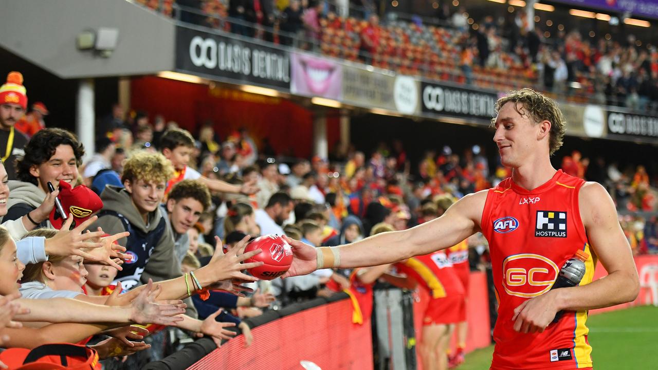 Sam Clohesy has quickly become a fan favourite on the Gold Coast. Picture:Albert Perez/AFL Photos via Getty Images