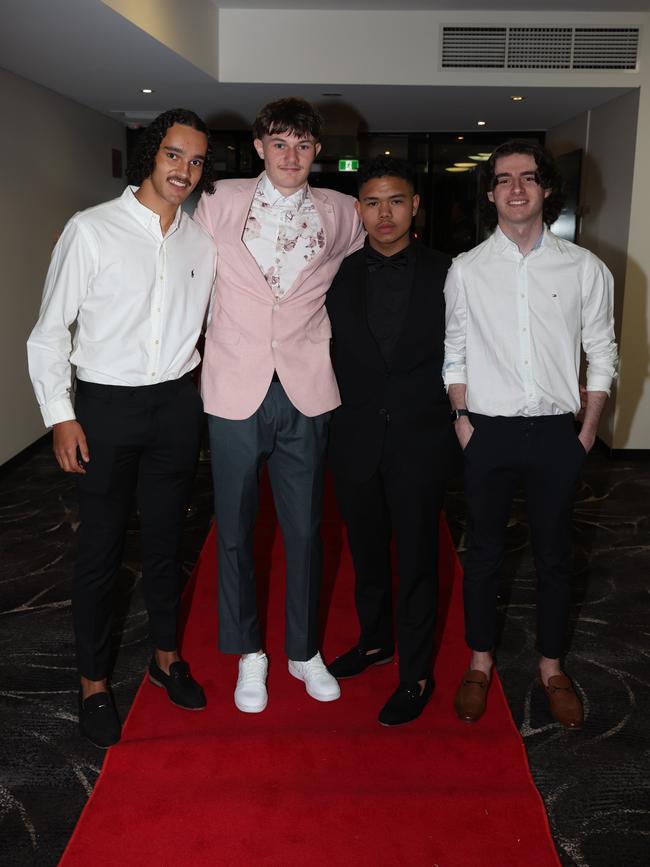 MELBOURNE, AUSTRALIA – JUNE 14 2024 Will Jenkinson, Jharyn Kaschke, Rawry Porter and Zack Christou attend the Lowanna College Senior Formal 2024 at the Moe Racing Club Picture: Brendan Beckett