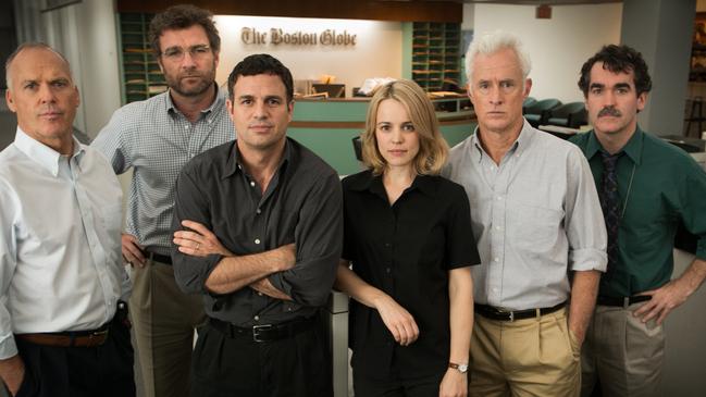 Michael Keaton, Liev Schrieber, Mark Ruffalo, Rachel McAdams, Sacha Pfeiffer and Ben Bradlee Jr in Spotlight. Picture: Entertainment One Films