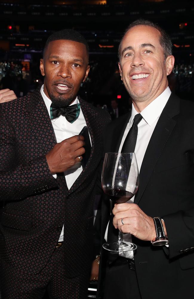 Jamie Foxx and Jerry Seinfeld attend the 60th Annual GRAMMY Awards at Madison Square Garden on January 28, 2018 in New York City. Picture: Getty