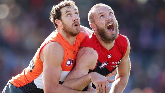 Shane Mumford and Max Gawn will go head to head on Sunday. Picture: Getty Images