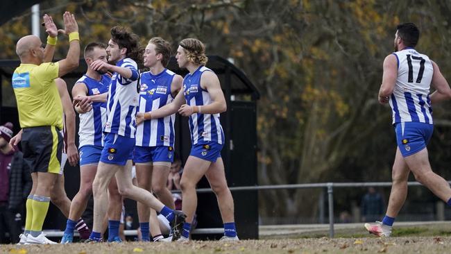 Ferntree Gully players celebrate a goal. Picture: Valeriu Campan