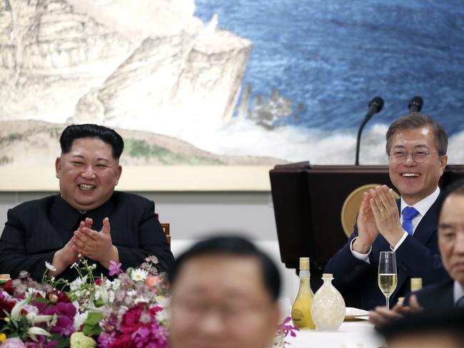 The leaders attend the Inter-Korean Summit dinner. Picture: Korea Summit Press Pool/Getty Images