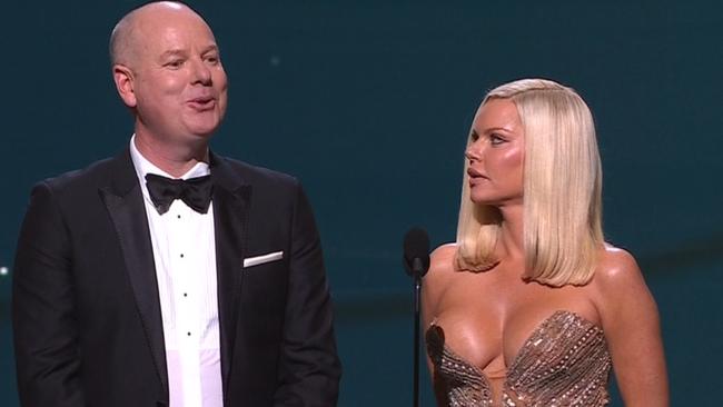 Tom Gleeson and Sophie Monk onstage at the Logies. Picture: Nine