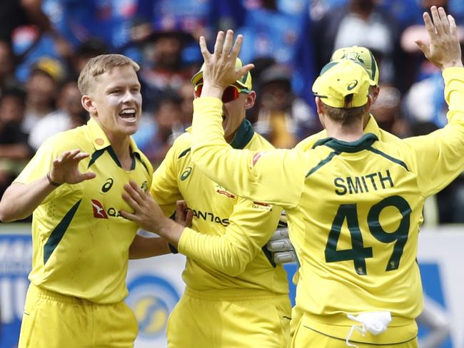 VISAKHAPATNAM, INDIA - MARCH 19: Nathan Ellis of Australia celebrates the wicket of Virat Kohli of India during game two in the One Day International Series between India and Australia at Dr YS Rajasekhara Reddy ACA-VDCA Cricket Stadium, on March 19, 2023 in Visakhapatnam, India. (Photo by Pankaj Nangia/Getty Images)