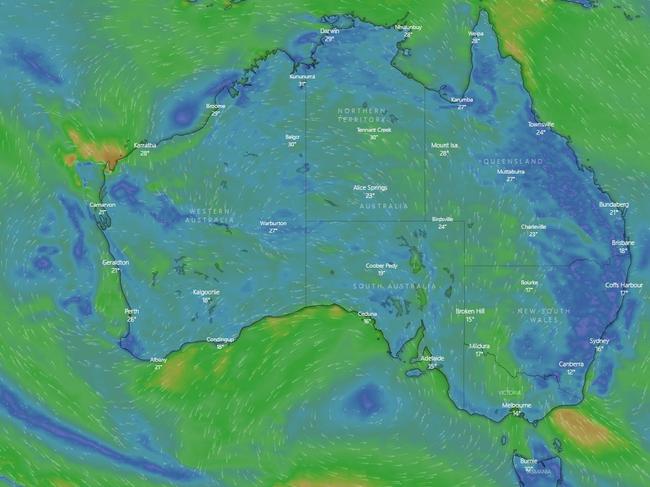 A cold snap is set to hit southeast Australia this week. Forecast temperatures  at  6pm on May 4, 2021. Picture: Windy.com