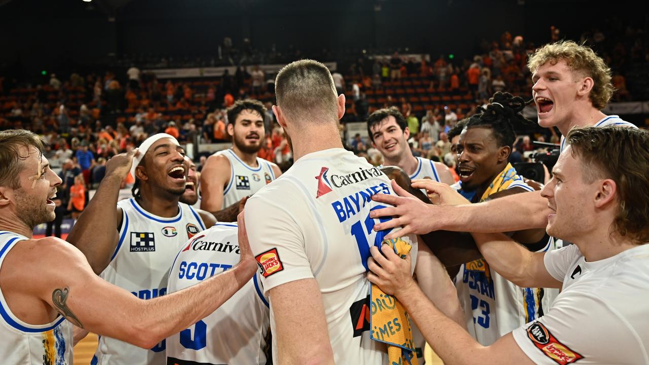 Aron Baynes of the Bullets is congratulated by teammates after round 16. Picture: Emily Barker/Getty Images