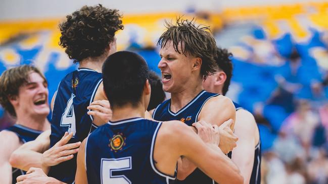 Victoria Navy players celebrate after winning the men's title at the 2025 Basketball Australia Under-20 & Ivor Burge National Championships. Picture: Taylor Earnshaw