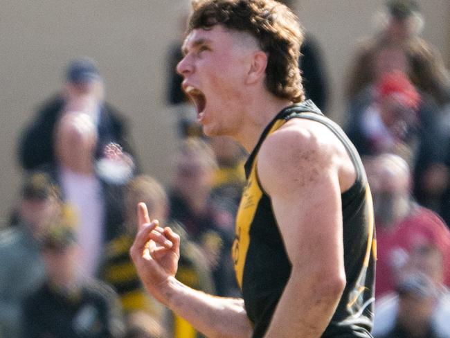 Brady Searle celebrates after scoring a goal during the SANFL game between Glenelg and North Adelaide at Glenelg Oval, in Glenelg, Kaurna Yarta, on Saturday, August 6, 2022. (The Advertiser/ Morgan Sette)