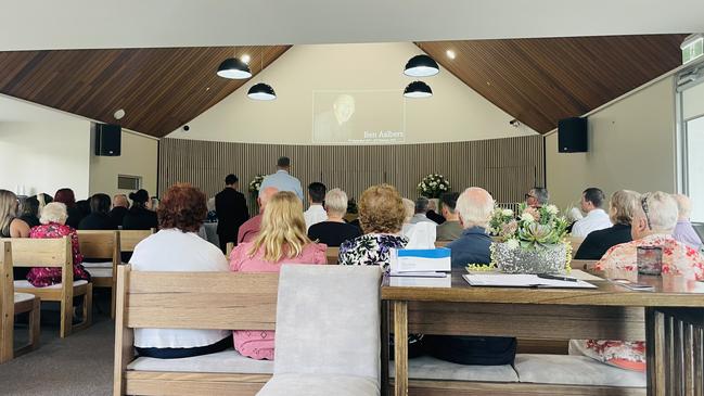 Family and friends farewelled Benjamin Aalbers at the Gippsland Memorial Park Cemetery and Crematorium in Traralgon on Wednesday. Picture: Jack Colantuono