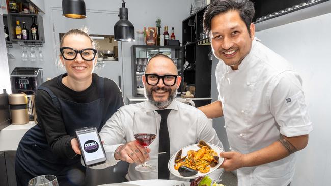 MELBOURNE, AUSTRALIA - OCTOBER 25 2024Simona Deoregi and shef Sulav Paudel with owner Gabriele Piacentini at Italian restaurant Cucina. Cucina Toorak owner Gabriele Piacentini has ditched weekend and card surcharges to please his picky posh guests. Picture: Brendan Beckett