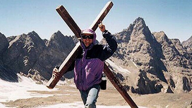 American Baptist pastor Reverend Arthur Blessitt carries his cross from Pakistan into Afghanistan during his epic pilgrimage.