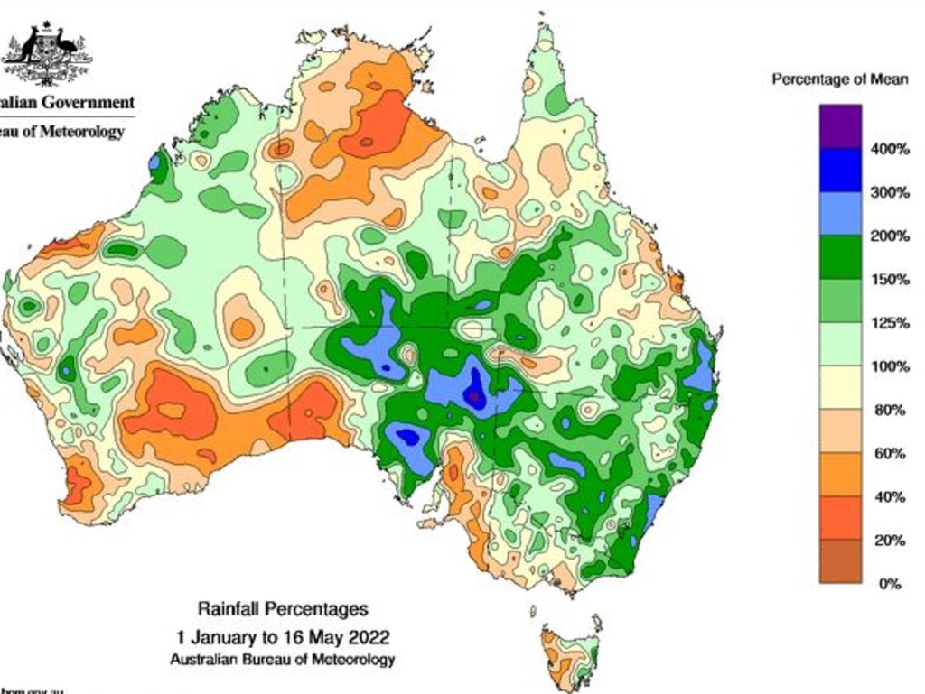 A map from the Bureau of Meteorology shows that parts of Queensland have recorded double their mean rain for the year-to-date.