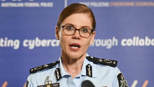 AFP Assistant Commissioner Cyber Command Justine Gough holds a press conference at AFP headquarters in Canberra. Picture: NCA NewsWire / Martin Ollman