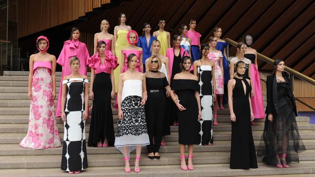 Carla Zampatti with models in her designs at the Sydney Opera House, celebrating her 50th anniversary in business. Picture: Simon Bullard