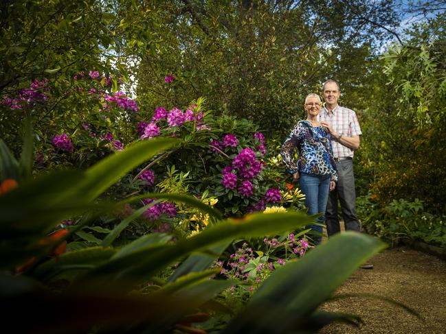 Bridget and Mark Newman in their expansive garden in New Town that will be opened to the public as part of the My Open Garden event later in October. Picture: LUKE BOWDEN