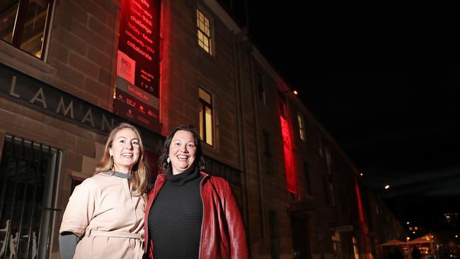 Salamanca Art Centre project manager Ainslie Macauley, left, with creative producer Emma Porteus outisde the venue which will be lit up red for Dark Mofo this winter. Picture: LUKE BOWDEN