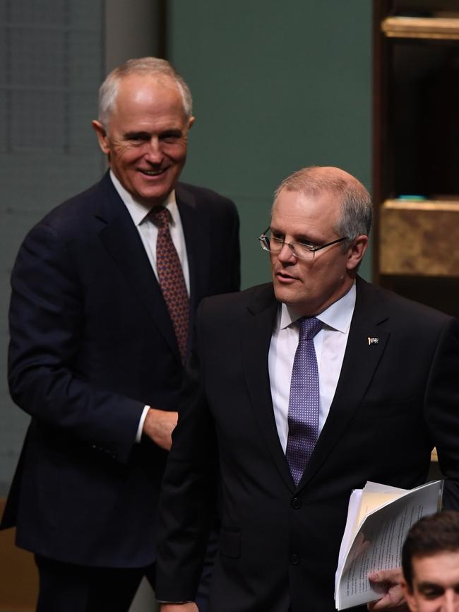 Prime Minister Malcolm Turnbull and Federal Treasurer Scott Morrison arrive to deliver the 2017-18 Federal Budget. Picture: AAP Image/Dean Lewins